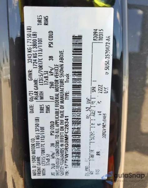 2021 Ford F150 Raptor from USA, damaged, VIN 1FTFW1RG0MFC28341